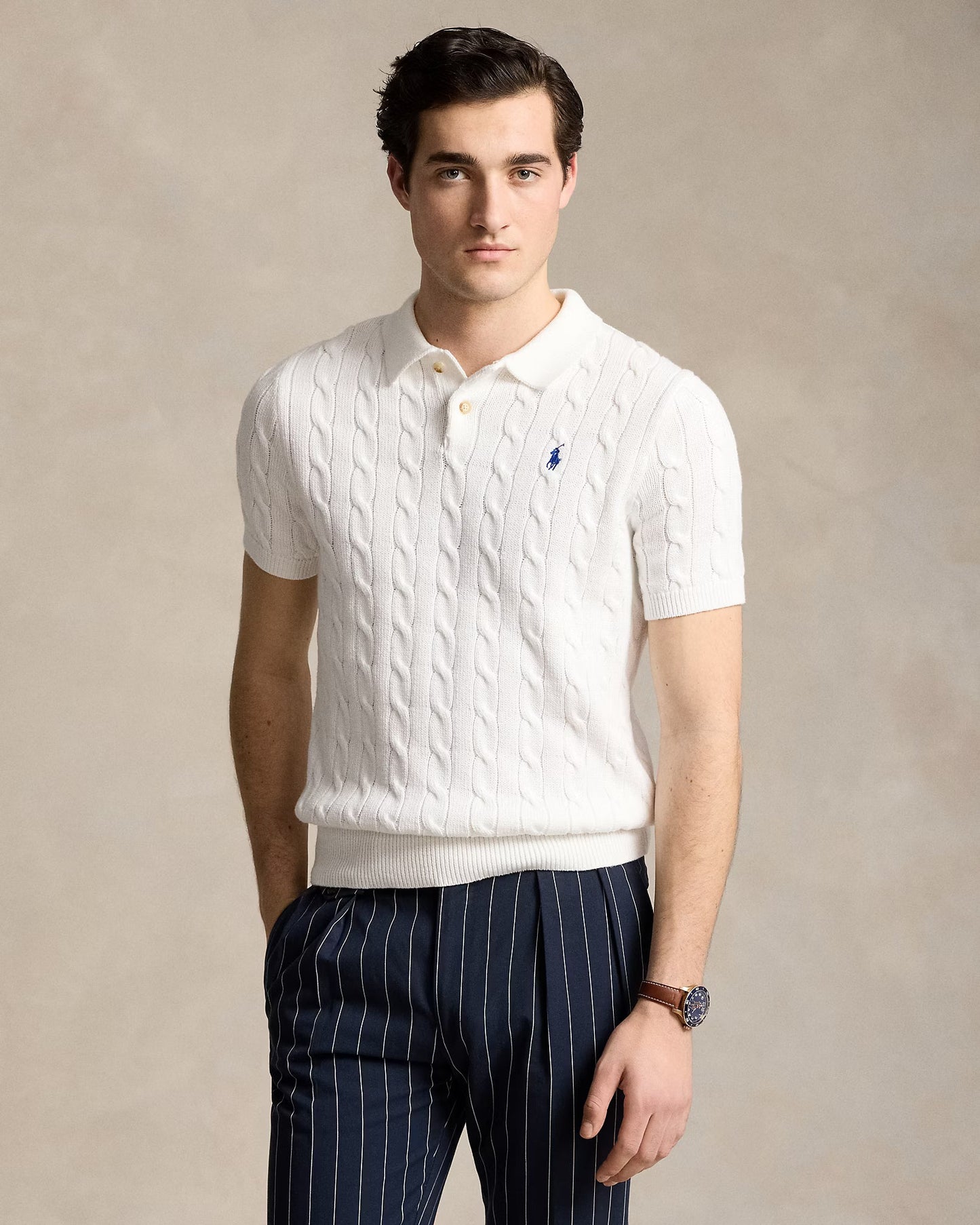 Cable-Knit Cotton Polo-Collar Sweater